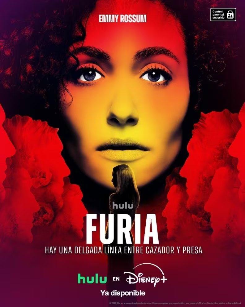 El póster promocional de la serie Furia muestra el rostro de Emmy Rossum en primer plano y la silueta de una mujer, anunciando su disponibilidad en Hulu y Disney+. (Disney+)