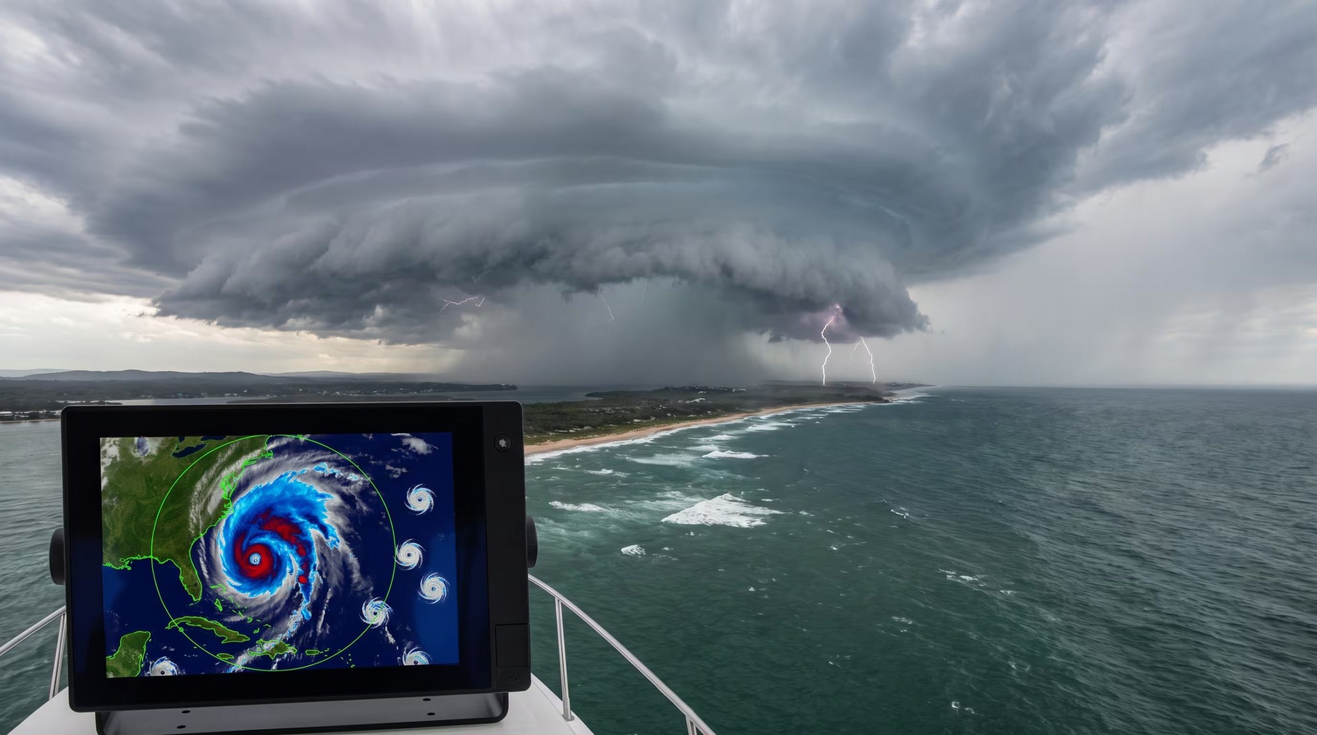Un radar de navegación marítima muestra el seguimiento de un huracán y ciclones en formación, bajo un cielo de tormenta con relámpagos. (Imagen Ilustrativa Infobae)