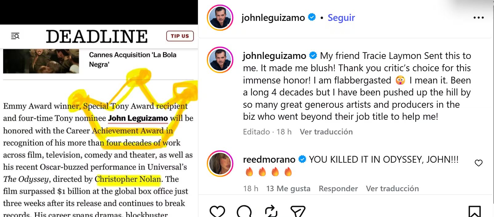 La noticia fue recibida con entusiasmo por el actor, que agradeció públicamente el apoyo de colegas y productores a lo largo de su carrera - crédito @johnleguizamo/ Instagram