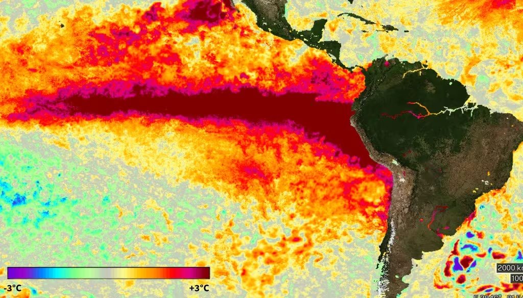 Los científicos atribuyen la intensificación de El Niño al cambio climático, porque la variabilidad natural no explica el aumento reciente. (NASA)