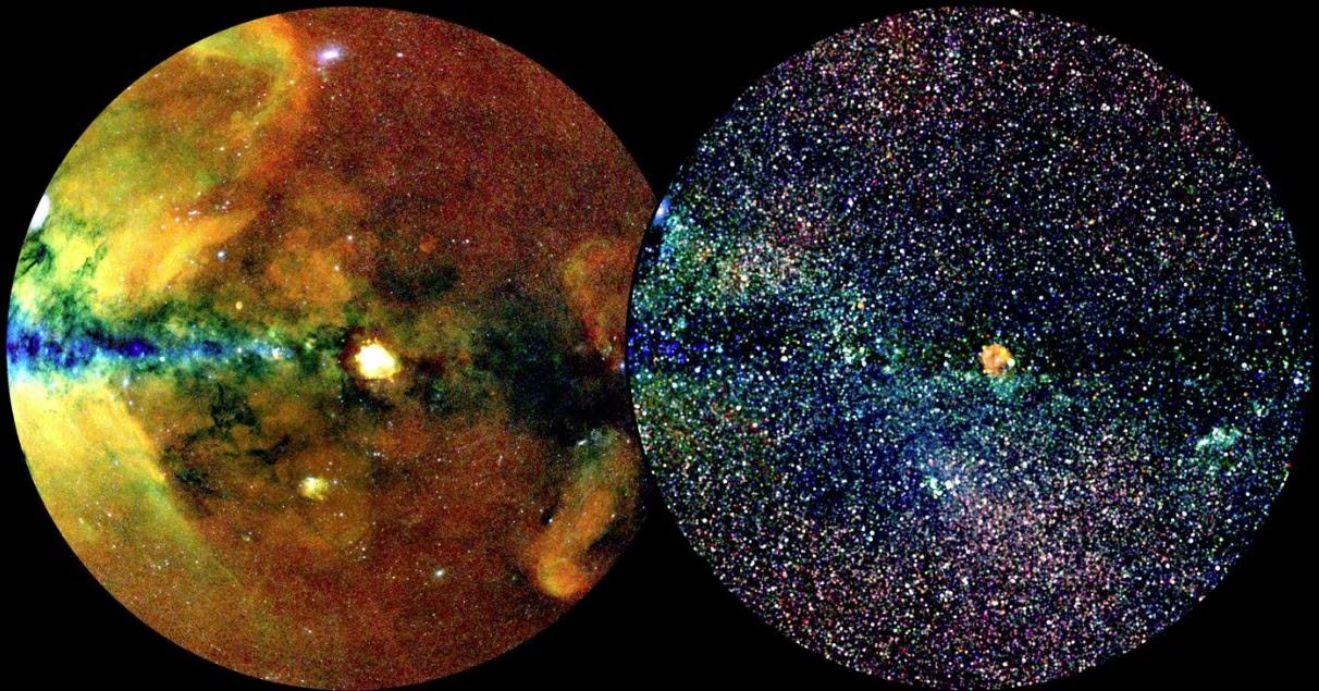 La sección del cielo del eRosita All-Sky Survey Catalog (eRASS1) en dos representaciones diferentes (J. SANDERS FÜR DAS EROSITA-KONSORTIUM)
