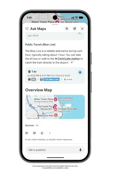 Un teléfono móvil muestra la aplicación Google Maps con información de transporte público y un mapa de puntos de interés en la ciudad de Chicago, Estados Unidos. (Google Maps)