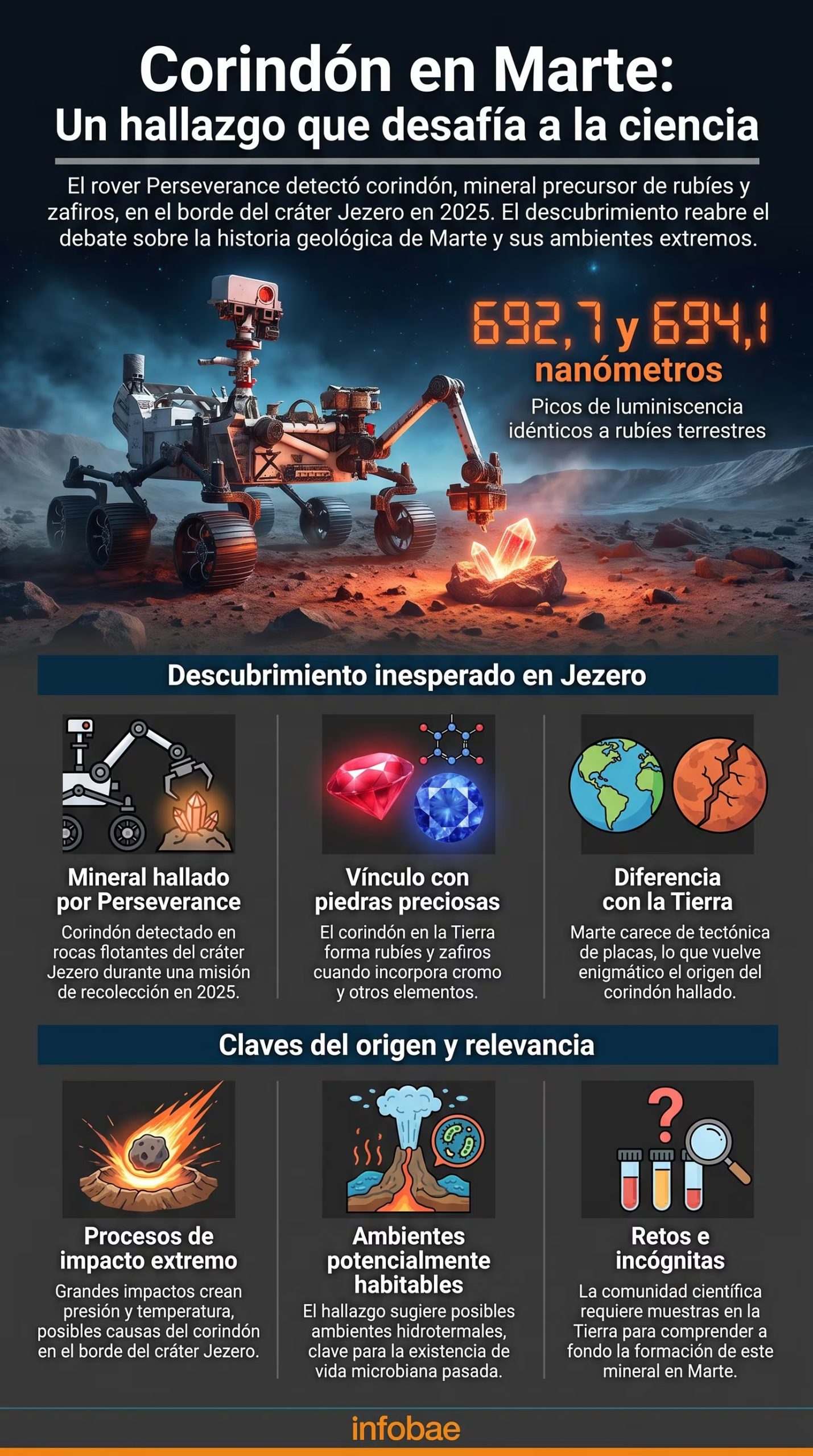 El descubrimiento de corindón en Marte por el rover Perseverance se explica en una infografía que detalla su formación geológica y las implicaciones científicas de este hallazgo. (Imagen Ilustrativa Infobae)