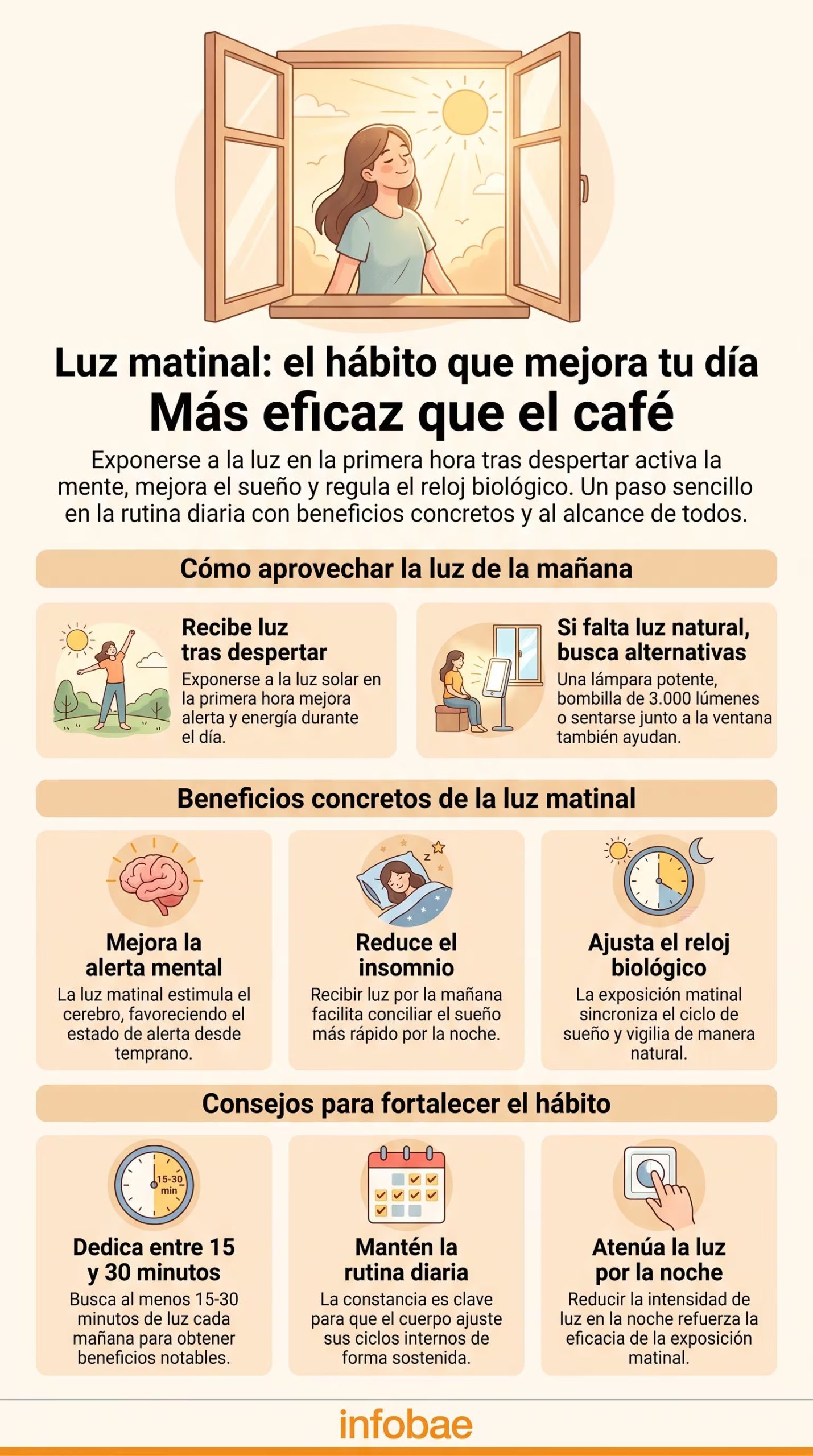 La exposición a la luz natural durante el día se asoció con menos insomnio, menos cansancio y mayor facilidad para levantarse por la mañana - (Imagen Ilustrativa Infobae)