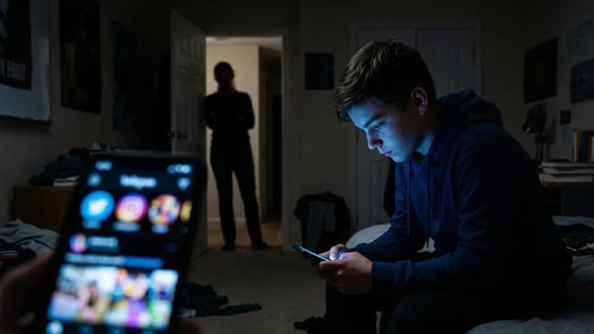 Un joven observa la pantalla de un teléfono inteligente a oscuras en su habitación mientras la silueta de una persona lo mira desde la puerta. (Imagen Ilustrativa Infobae)