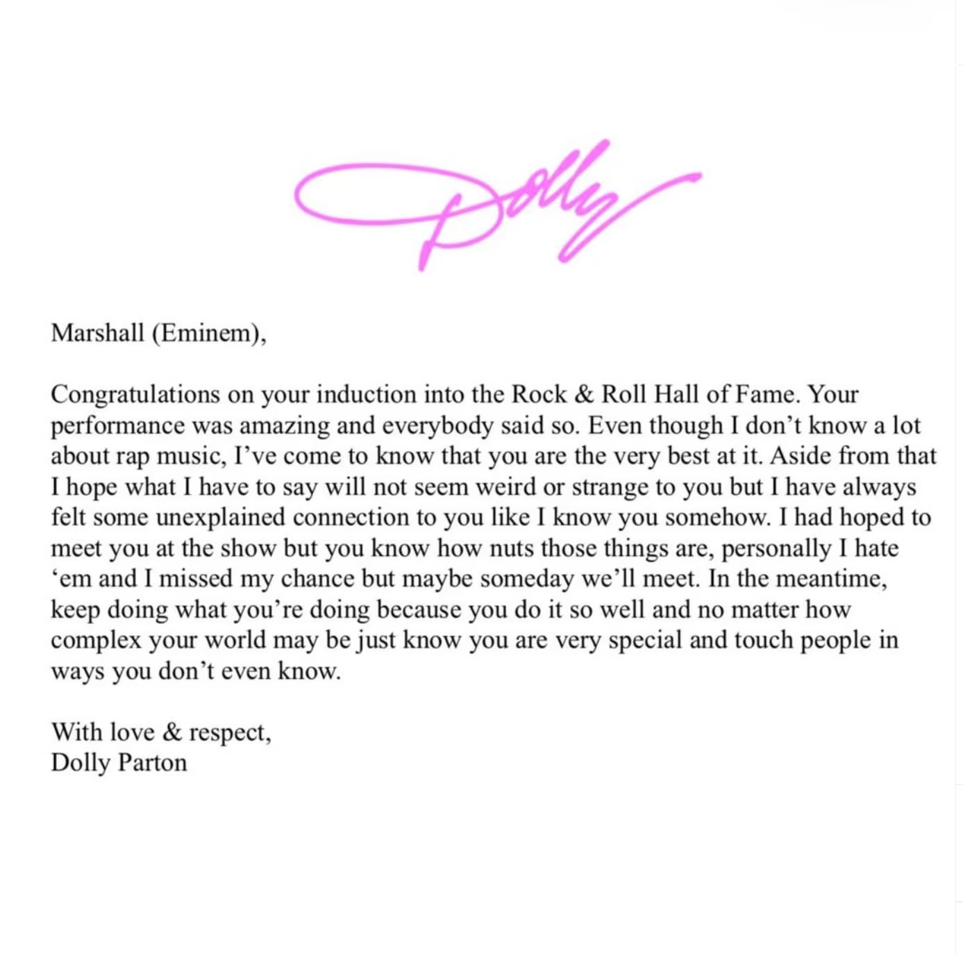 Dolly Parton felicitó a Eminem por su ingreso al Salón de la Fama del Rock & Roll y elogió su actuación en la ceremonia (Instagram/@eminem)