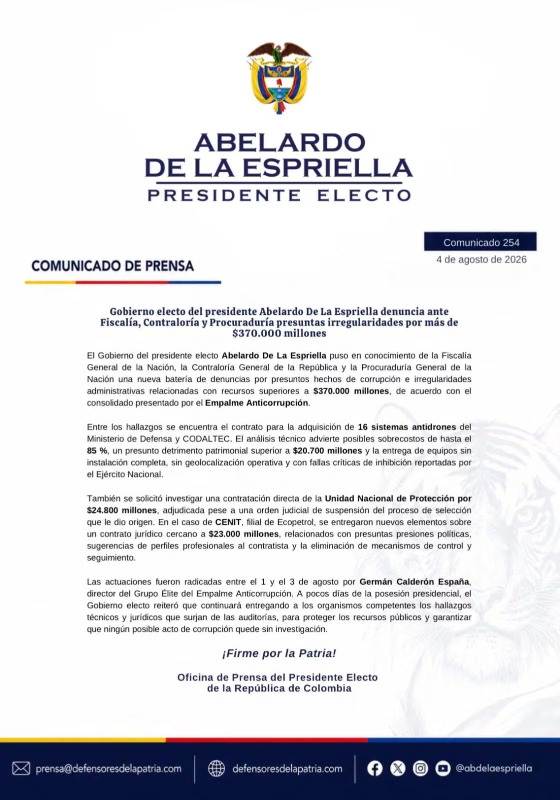 Gobierno de De la Espriella presento irregularidades multimillonarias en medio del proceso de empalme - crédito @defensoresco/X