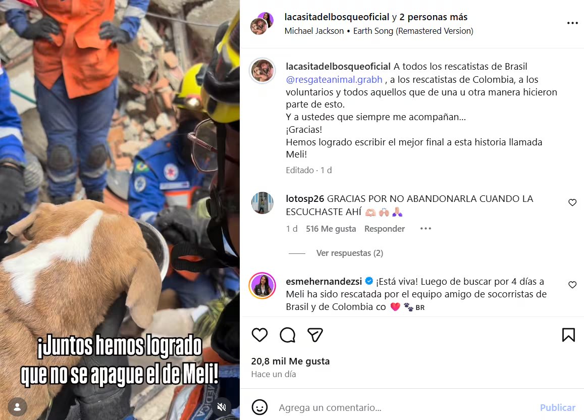 La Casita del Bosque Oficial agradeció a los rescatistas, voluntarios y equipos de Colombia y Brasil que participaron en la operación. - crédito @Lacasitadelbosqueoficial/Instagram