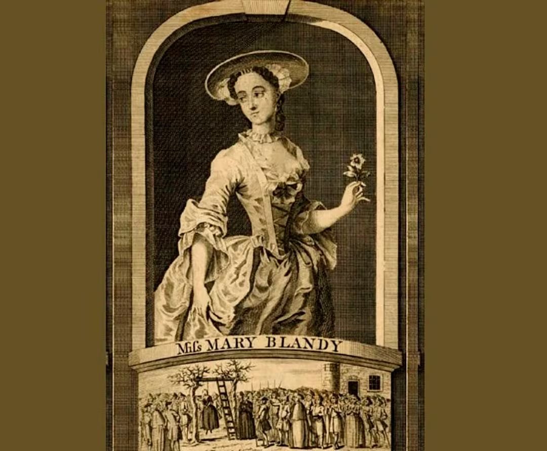 Un grabado antiguo con un retrato de Mary Blandy en la parte superior y la escena de su ejecución en la base