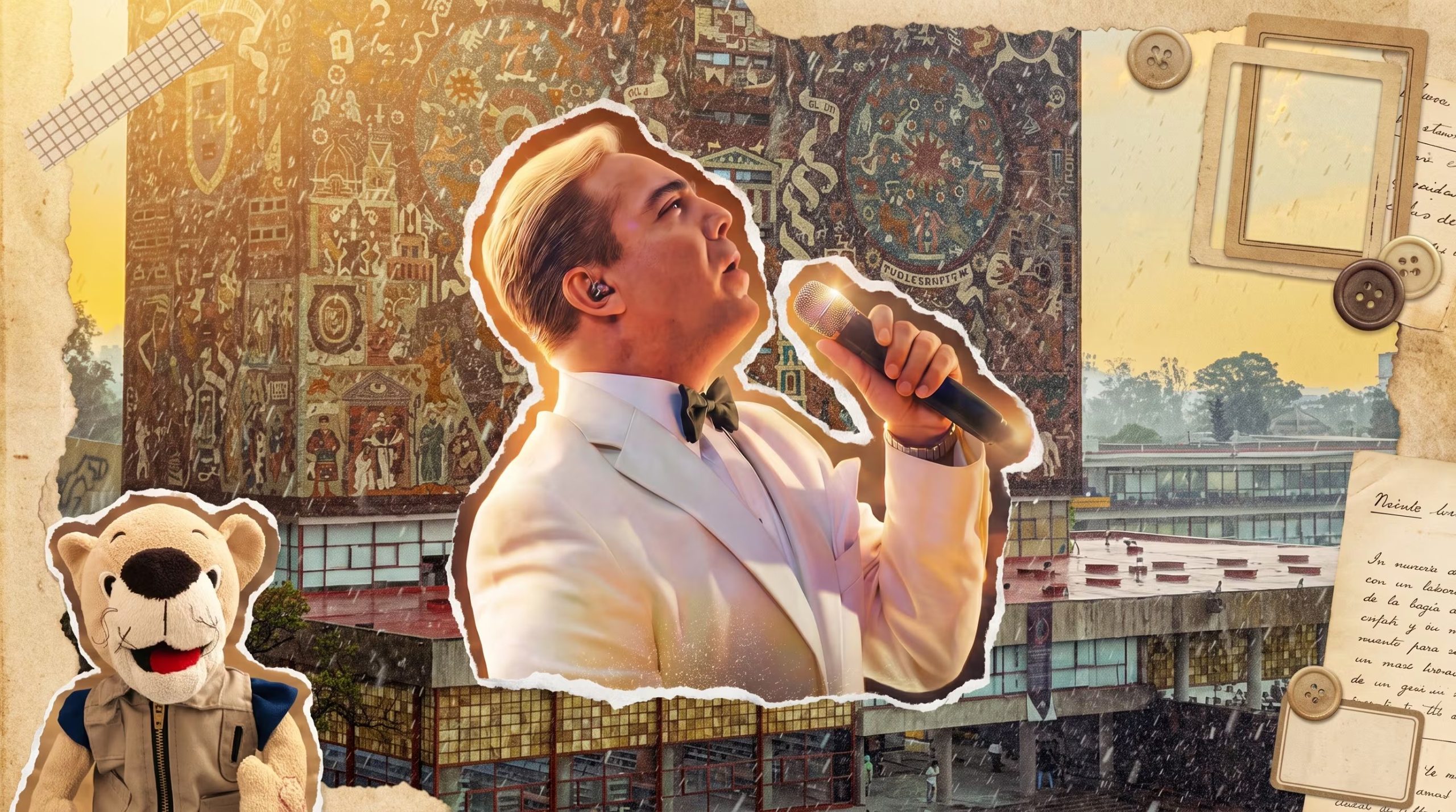 Una composición digital fusiona la imagen de un cantante en un traje blanco con el mural de la Biblioteca Central de la UNAM y elementos de álbum de recortes. (Imagen Ilustrativa Infobae)