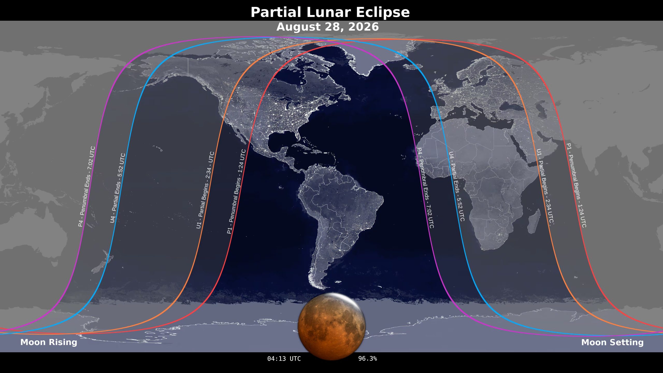 Durante el máximo del fenómeno, más del 96% de la Luna estará cubierta por la umbra, proyectando un característico tono rojizo en el satélite - crédito NASA