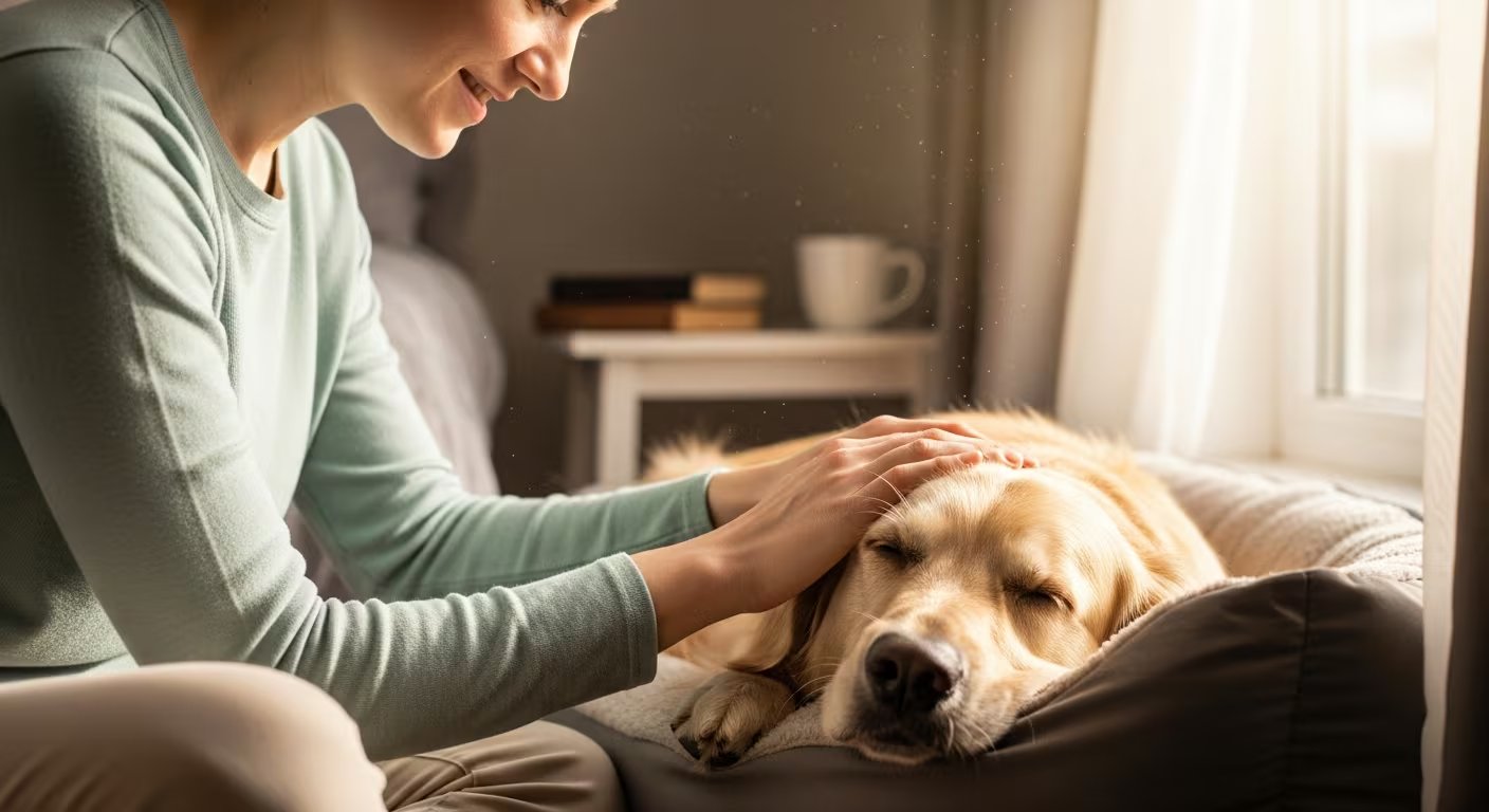 Una persona sonriente acaricia suavemente a su golden retriever dormido, reflejando una conexión tranquila y afectuosa en un hogar bañado por la luz del sol. (Imagen Ilustrativa Infobae)