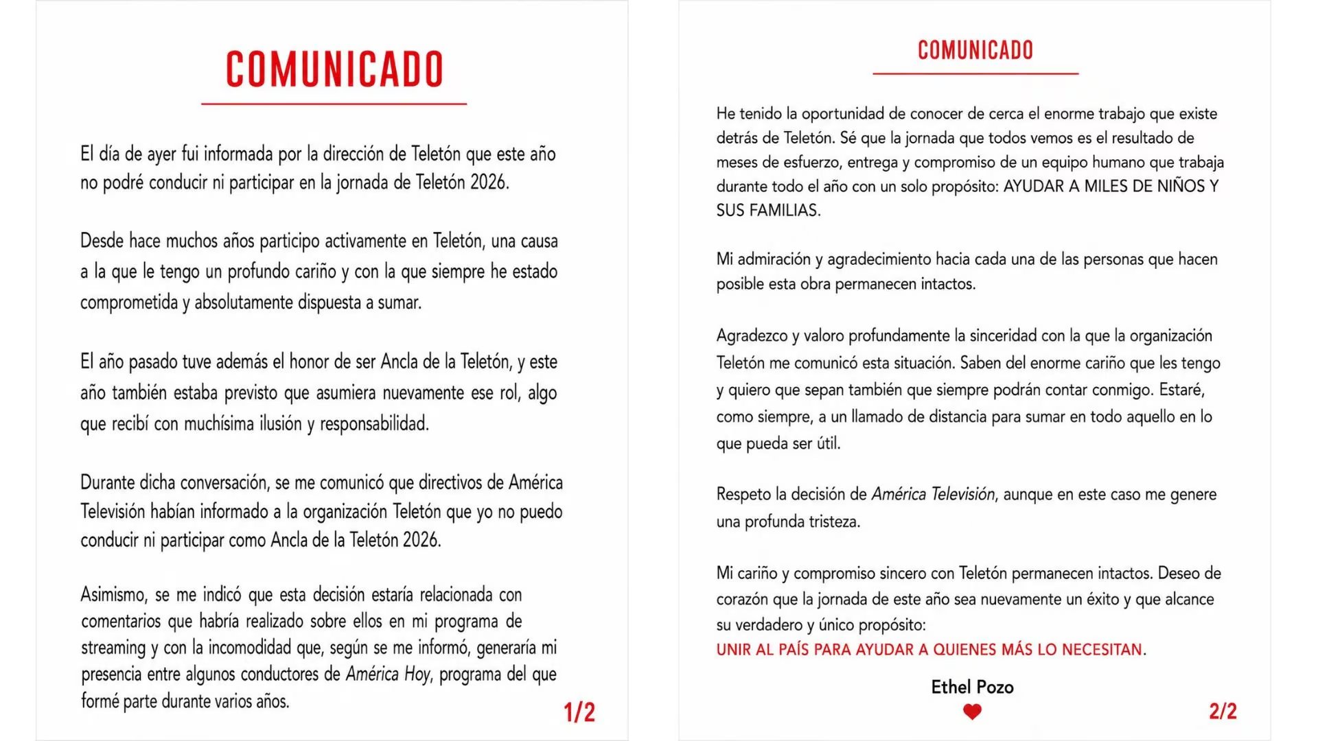 Ethel Pozo publica un comunicado sobre su exclusión de Teletón 2026 por decisión de América TV, debido a comentarios que generarían incomodidad.