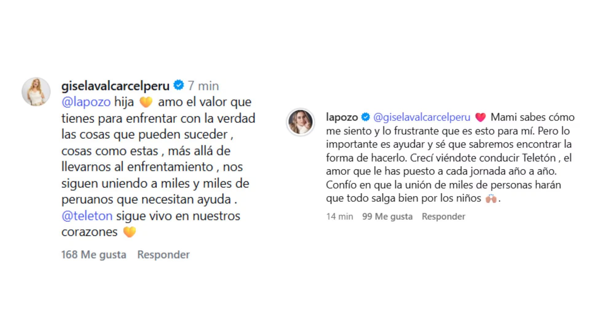 Gisela Valcárcel y Ethel Pozo, madre e hija, publican mensajes en redes sociales sobre el evento Teletón Perú, tras el anuncio de la retirada de Pozo de la conducción del programa.