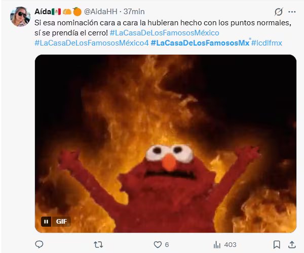 Una publicación en X comenta las nominaciones del programa La Casa de los Famosos México mediante una imagen del personaje Elmo entre llamas. (X)