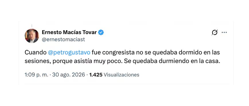El expresidente del Congreso Ernesto Macías expresó en sus redes sociales sus críticas al exmandatario Gustavo Petro y señaló cómo fue su periodo como senador - crédito @ernestomaciast/X