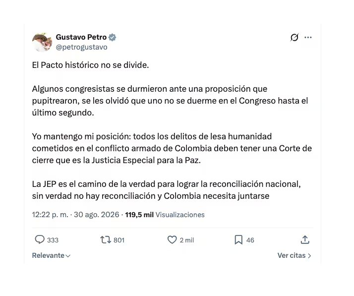 El expresidente Gustavo Petro, a través de su perfil de X, lanzó un duro mensaje al Pacto Histórico por lo sucedido en la Comisión de Acusaciones de la Cámara - crédito @petrogustavo/X