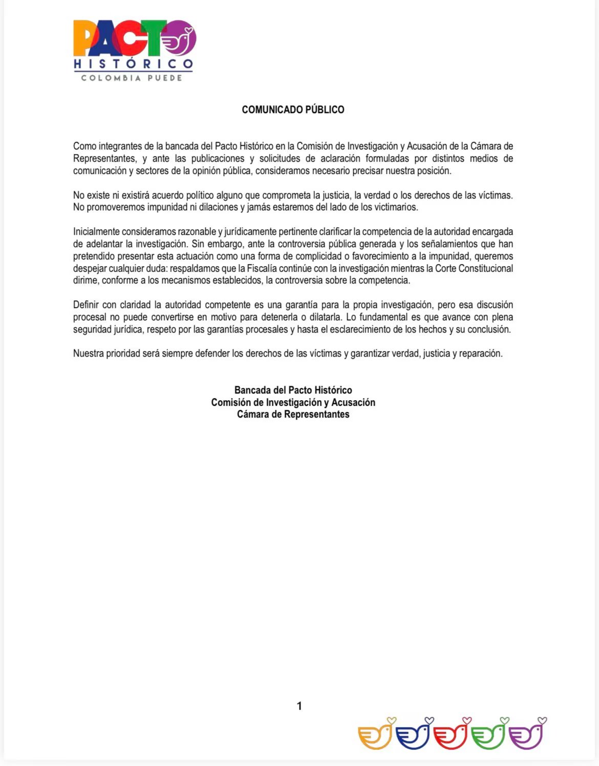 Esta fue el comunicado que compartió uno de los cinco congresistas del Pacto Histórico que votó a favor de que el caso Álvaro Uribe pase a manos de la Comisión de Acusaciones - crédito @BecerraGabo/X