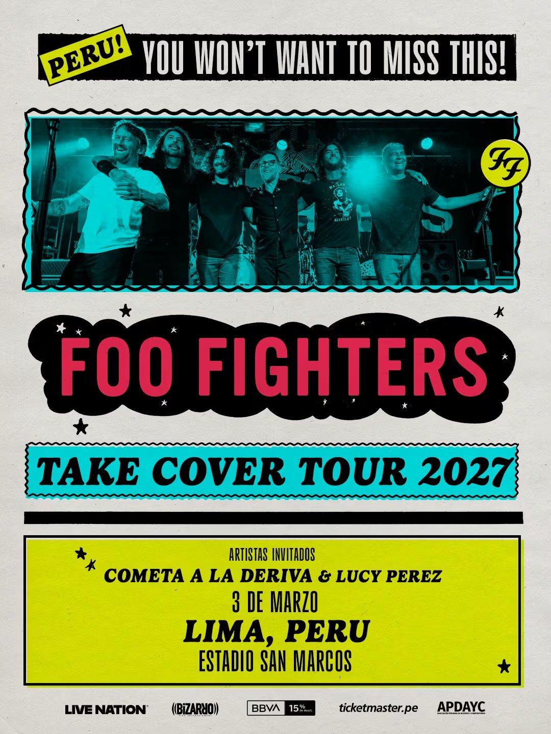 El afiche promociona el primer concierto de Foo Fighters en Lima, Perú, dentro de su gira