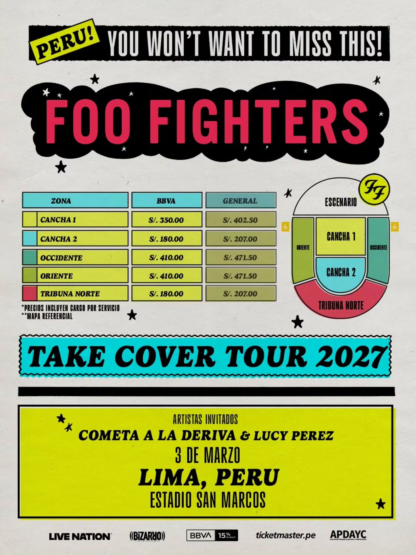 Una infografía detalla los precios y las zonas disponibles para el concierto de Foo Fighters en el Estadio San Marcos de Lima, Perú, programado para el 3 de marzo.