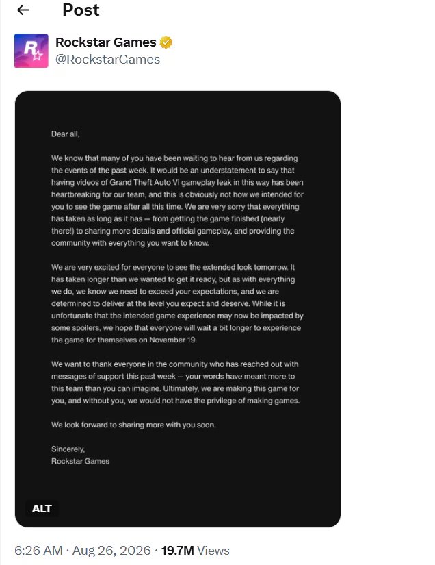 Tras las últimas filtraciones de Grand Theft Auto VI, Rockstar Games publicó su primer comunicado oficial. (X: RockstarGamer)