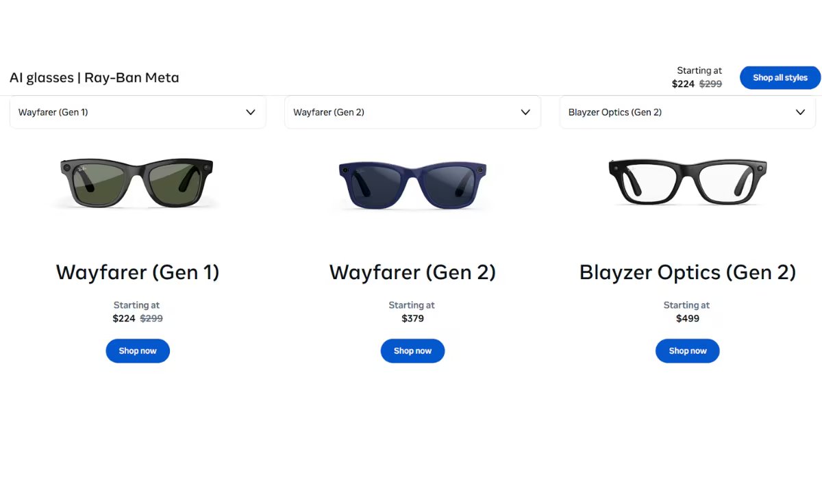 En todos los modelos, se mantiene la montura Ray-Ban y se incluye una cámara de 12 megapíxeles que graba en 1080p. (Meta)