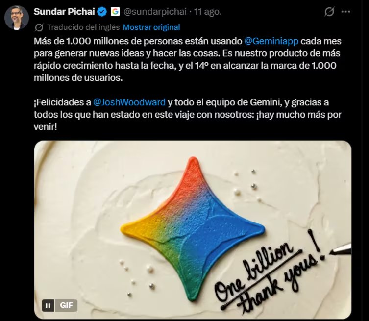 Gemini superó los 1.000 millones de usuarios al mes. (X)