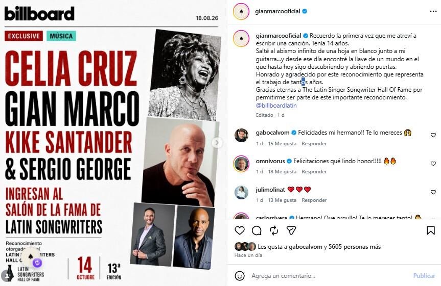La revista Billboard anuncia el ingreso de Celia Cruz, Gian Marco, Kike Santander y Sergio George al Salón de la Fama de Compositores Latinos, junto con un mensaje de agradecimiento de Gian Marco.