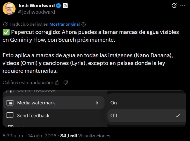 Josh Woodward anunció que la IA de Google dejará que los usuarios eliminen la marca de agua de sus creaciones en Gemini. (X)