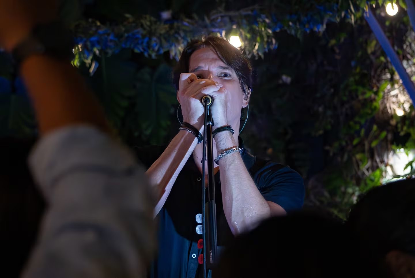 Guillermo Bussinger interpreta una pieza musical con armónica durante su concierto.