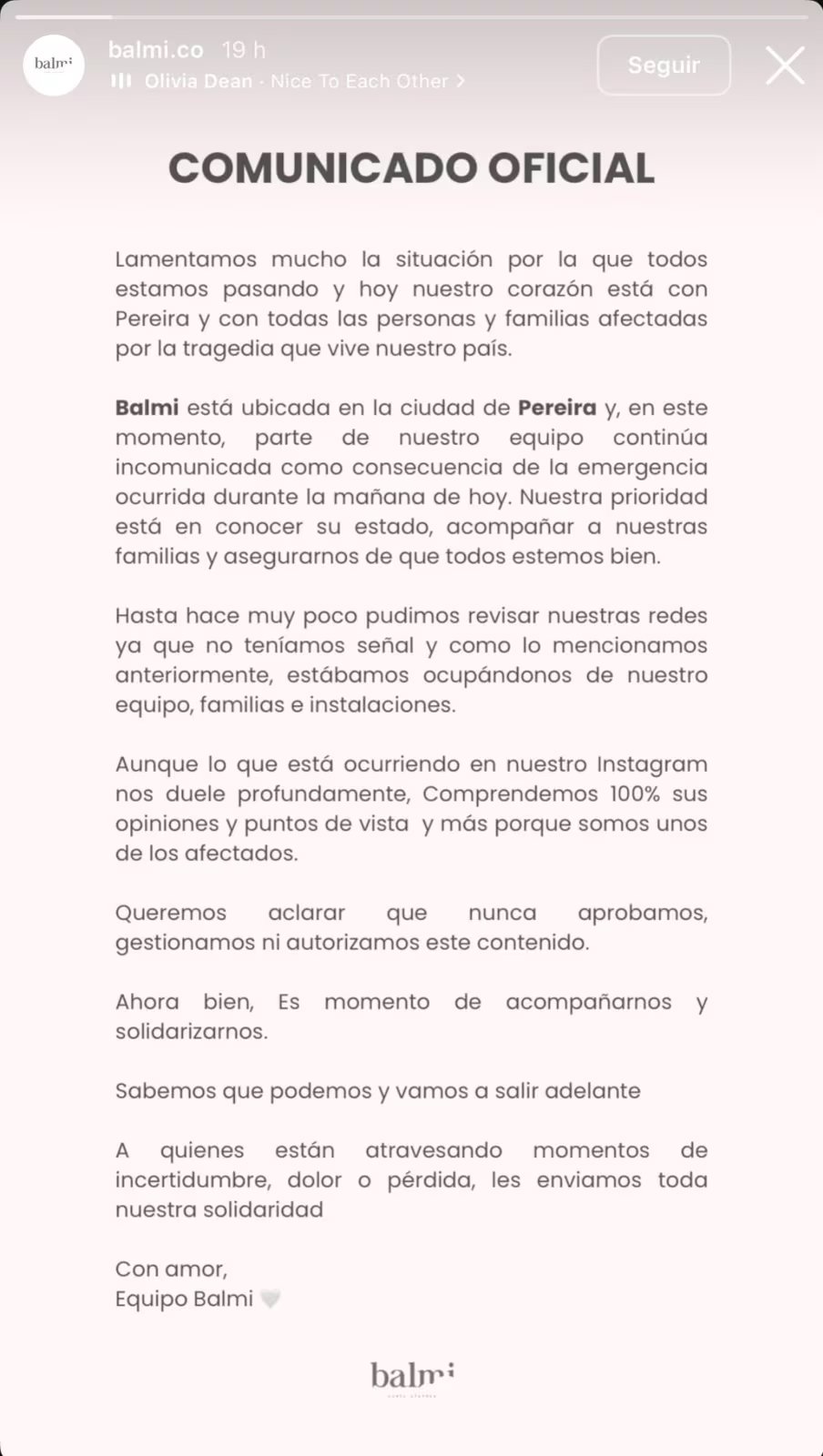 La marca que mencionó Mariana Neumann se desmarca de la polémica y aclara que no autorizó la publicación - crédito @balmi.co/IG