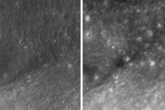 En esta combinación de imágenes, proporcionadas por la NASA y el Instituto de Investigación Aeroespacial de Corea, se muestra un área de la superficie de la Luna antes, izquierda, el 1 de octubre de 2015, y después, derecha, el miércoles 5 de agosto de 2026, de que un segmento de un cohete de SpaceX chocara con el satélite. (NASA, Instituto de Investigación Aeroespacial de Corea vía AP)
