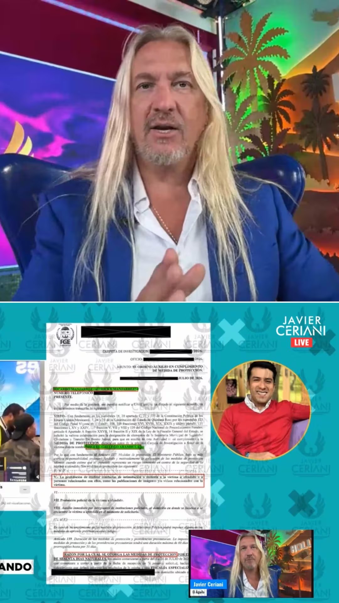 El periodista Javier Ceriani difundió en su canal de YouTube un documento que, según su versión, establece medidas de protección a favor del joven y limita las acciones que Manjarrez puede realizar respecto a él. (YouTube: Javier Ceriani)