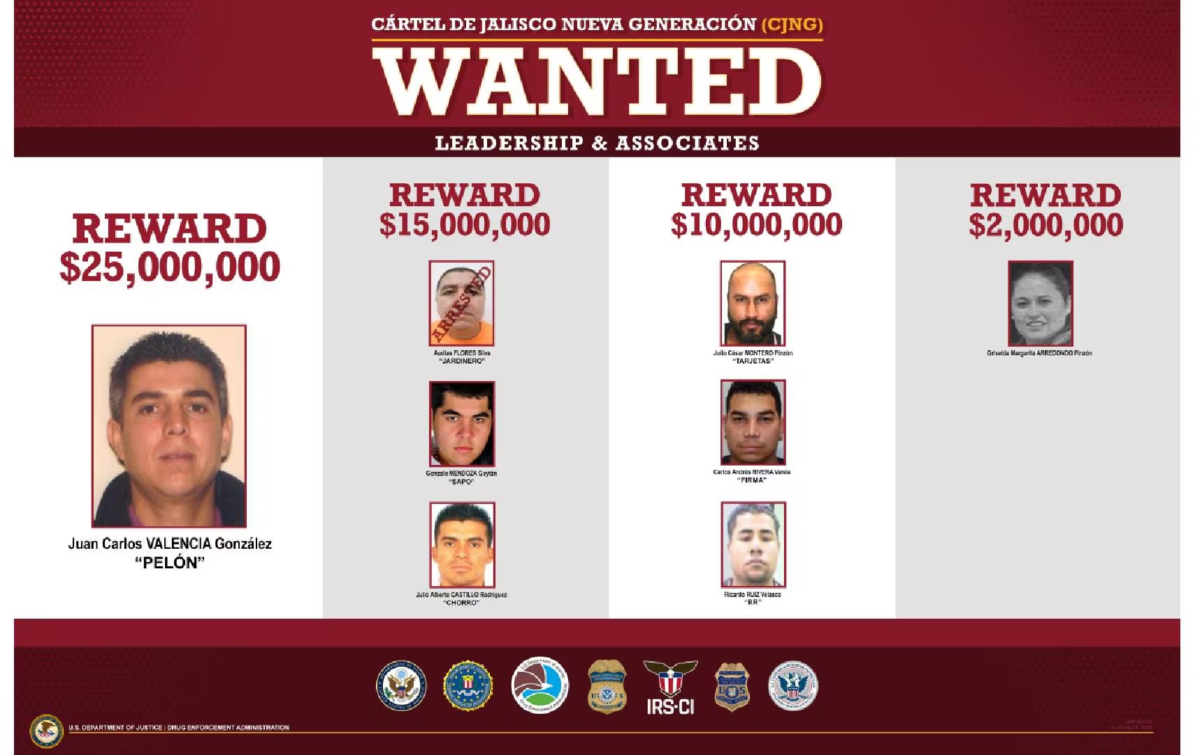 El Departamento de Justicia de Estados Unidos anunció recompensas por más de USD 100 millones contra ocho líderes del Cártel de Jalisco Nueva Generación (DEA)