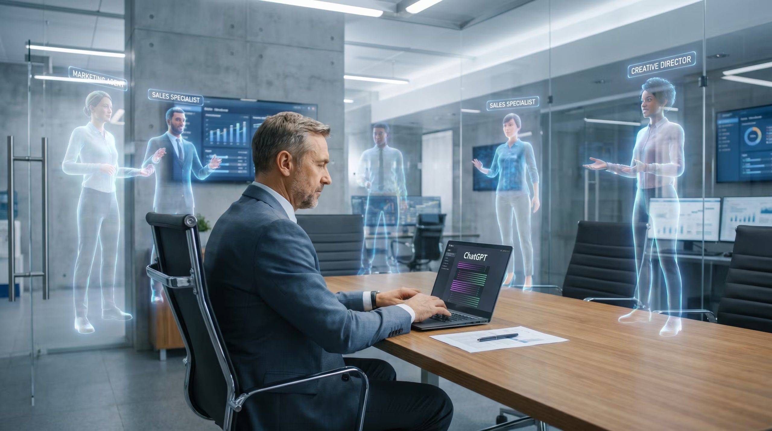 Un ejecutivo utiliza ChatGPT en su laptop mientras agentes de IA especializados en marketing, ventas y creatividad colaboran en una oficina de alta tecnología, simbolizando el futuro del trabajo asistido por inteligencia artificial. (Imagen Ilustrativa Infobae)