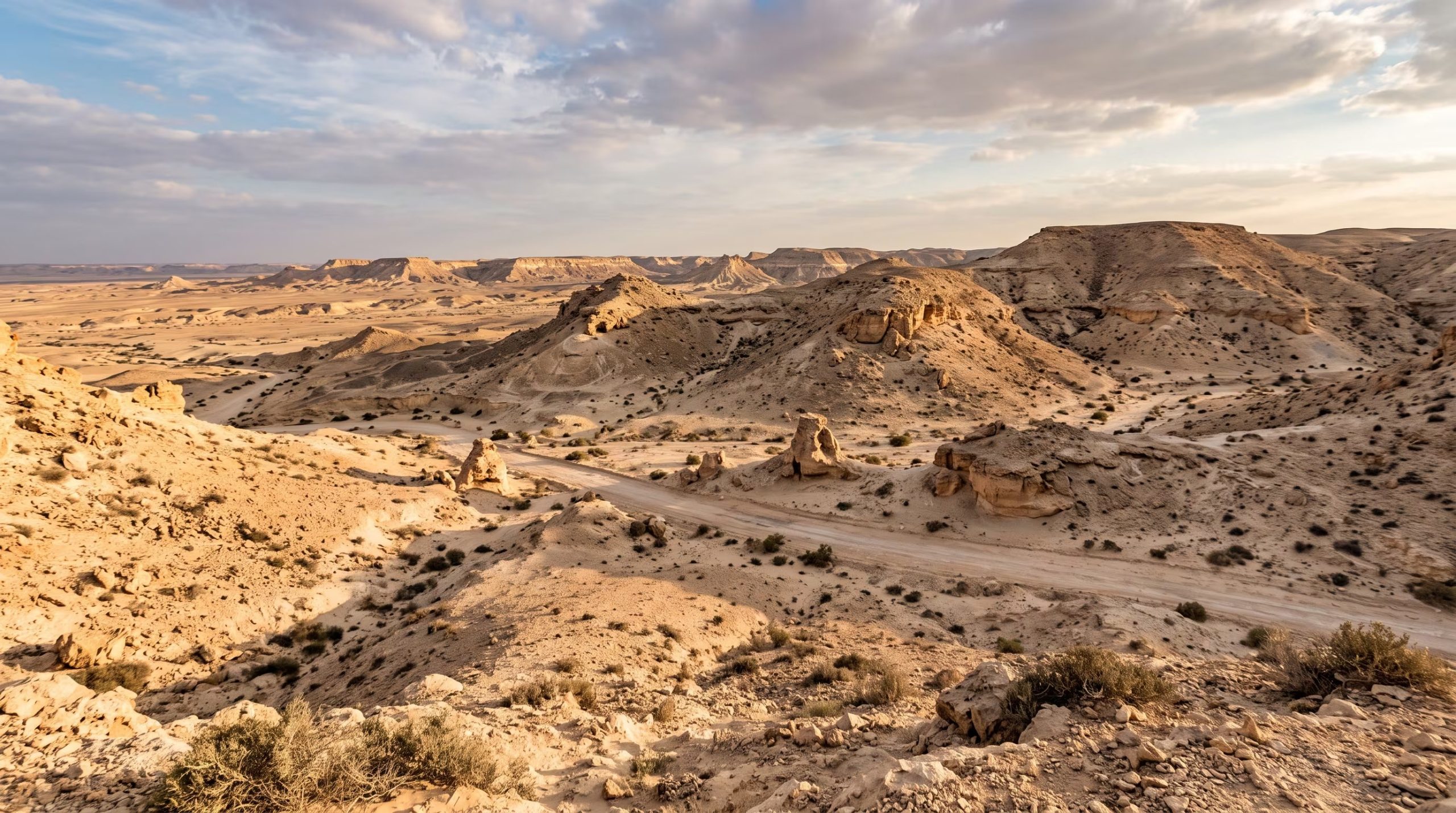El desierto de Abu-Tartur en Egipto presenta un terreno árido con formaciones rocosas y un camino de tierra bajo un cielo parcialmente nublado. (Imagen Ilustrativa Infobae)