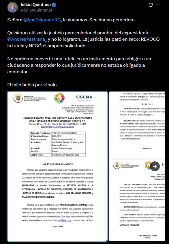 El abogado Julián Quintana confirmó en su cuenta oficial de X el fallo y le envió un mensaje directo a la abogada Ana Bejarano - crédito @julianquintanat/X
