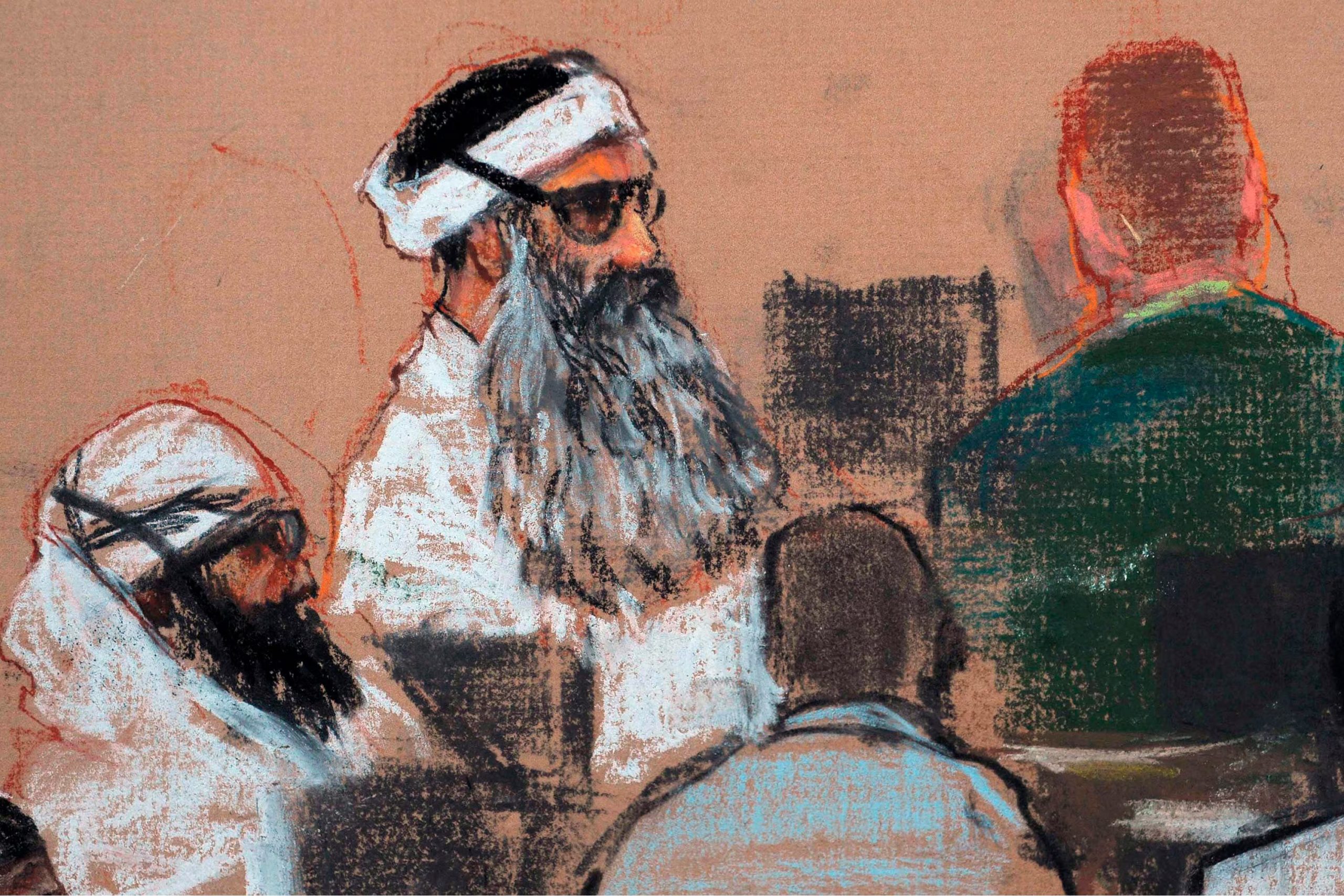 Walid bin Attash, Ali Abdul Aziz Ali y Mustafa Ahmed al-Hawsawi serán juzgados junto a Mohammed en 2028 y la fiscalía pedirá la pena capital para los cuatro. (AP Foto/Janet Hamlin, Pool, Archivo)