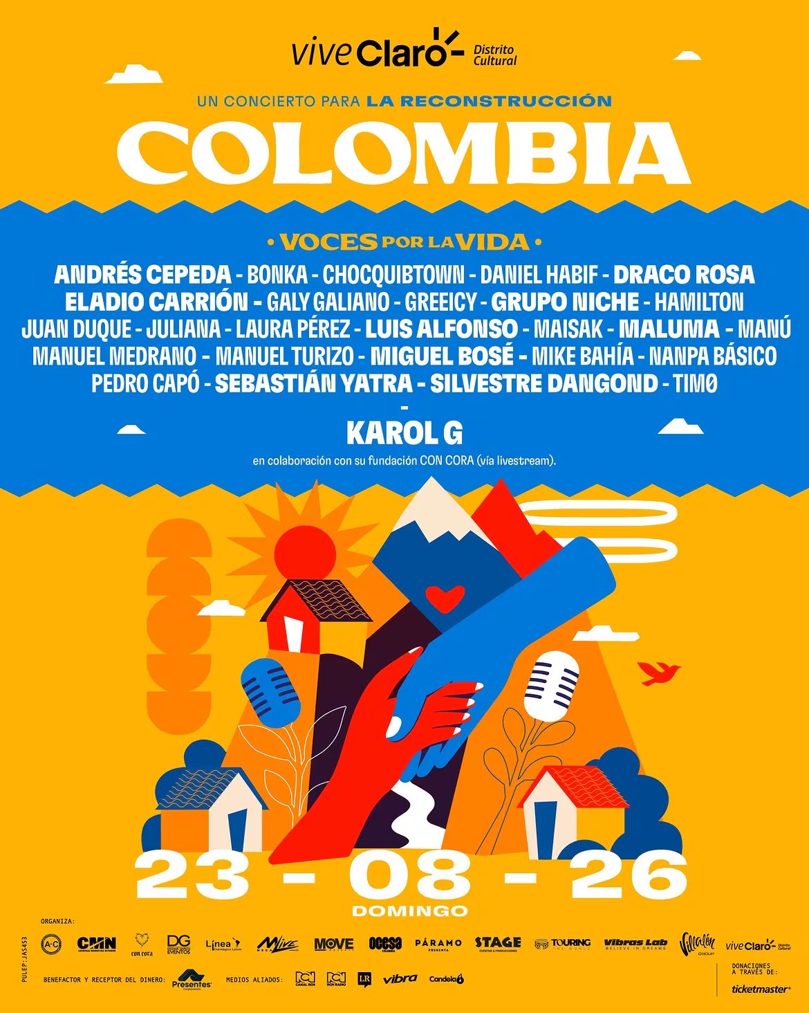 El evento benéfico reunirá a artistas nacionales e internacionales como Andrés Cepeda, Sebastián Yatra, Grupo Niche y Miguel Bosé. Karol G participará de forma remota y posteriormente se sumaron Maluma y Luis Alfonso - crédito Páramo Presenta