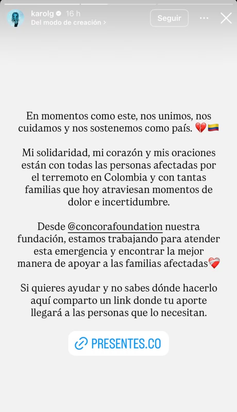 Karol G impulsa la solidaridad tras el terremoto en Colombia y promueve ayuda para los afectados - crédito karolg/Instagram