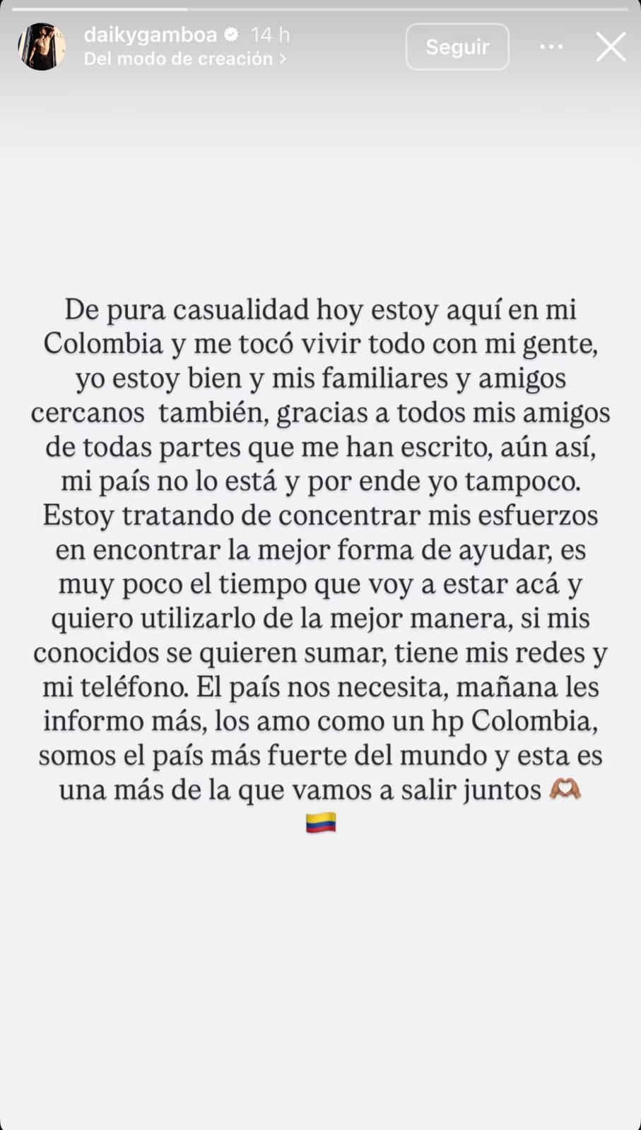 Daiky Gamboa comparte su experiencia y llama a la unión luego del fuerte temblor en Colombia - crédito daikygamboa/Instagram
