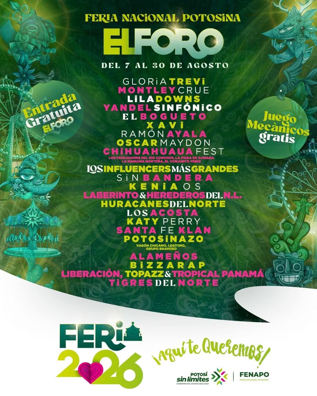 San Luis Potosí recibirá del 7 al 30 de agosto la edición 2026 de la Fenapo, con Guanajuato como estado invitado y una cartelera gratuita en el Foro de las Estrellas que incluye a Katy Perry, Bizarrap, Mötley Crüe, Gloria Trevi, Sin Bandera y Los Tigres del Norte, entre otros artistas confirmados. (@ferianacionalpotosina)