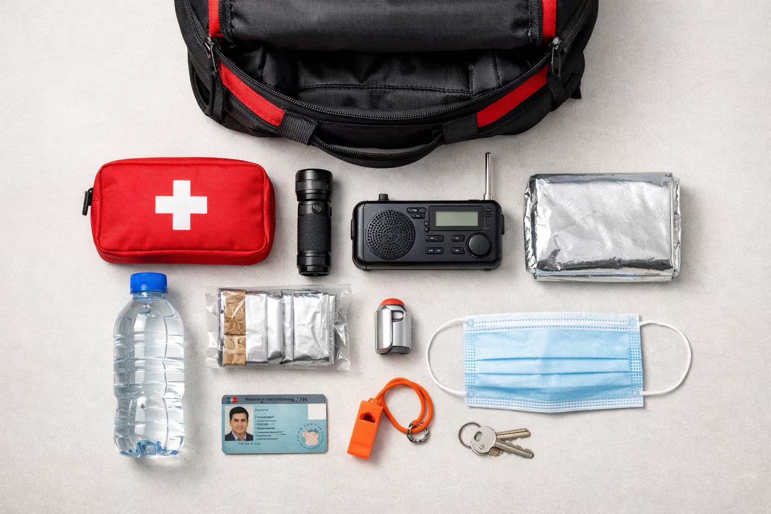 Una mochila de emergencia abierta muestra sus contenidos ordenados, listos para situaciones de riesgo, incluyendo un documento de identidad peruano. (Imagen Ilustrativa Infobae)