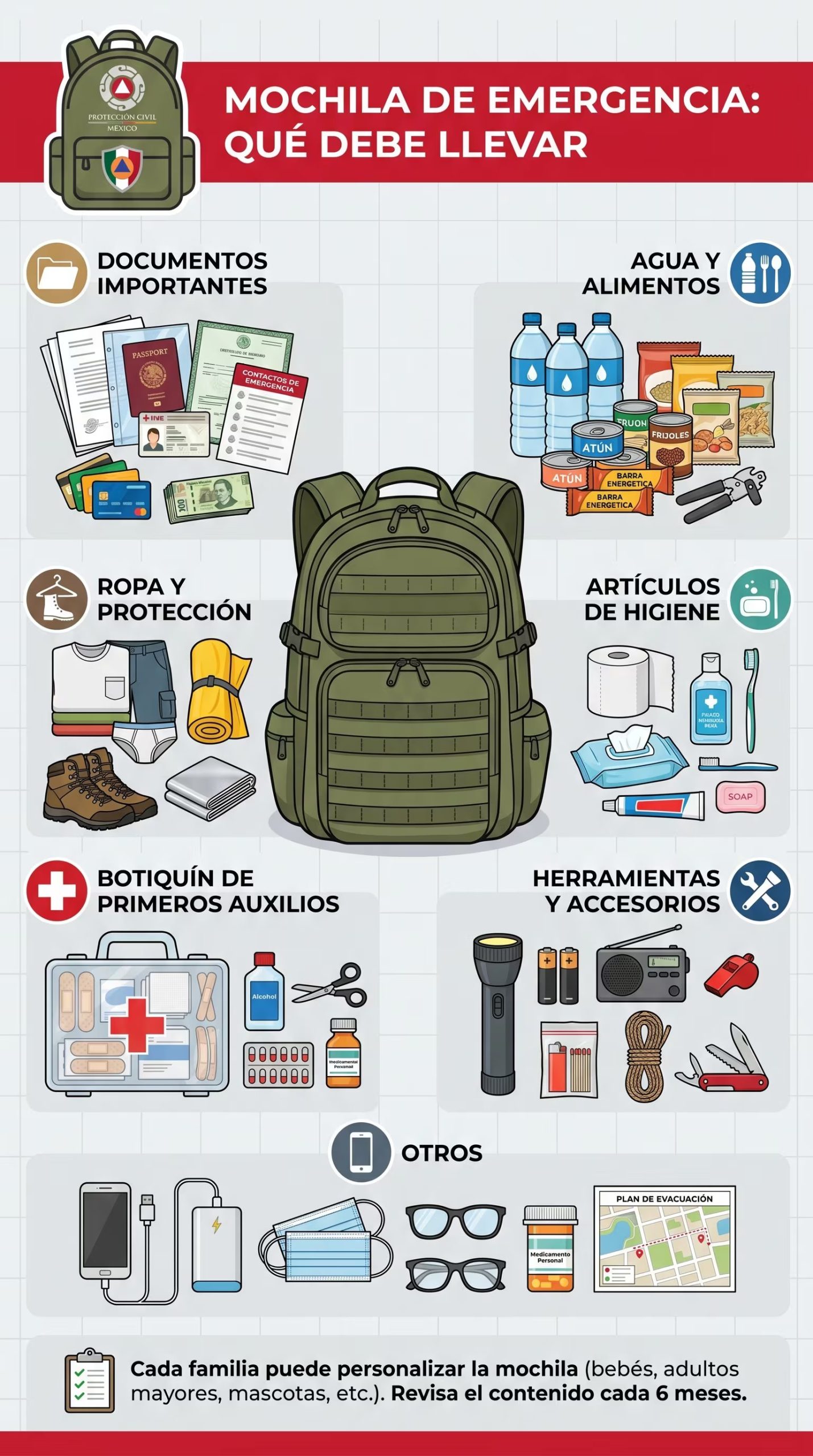 Una infografía ilustra los elementos esenciales que debe contener una mochila de emergencia para garantizar la seguridad y preparación ante desastres o evacuaciones. (Imagen Ilustrativa Infobae)