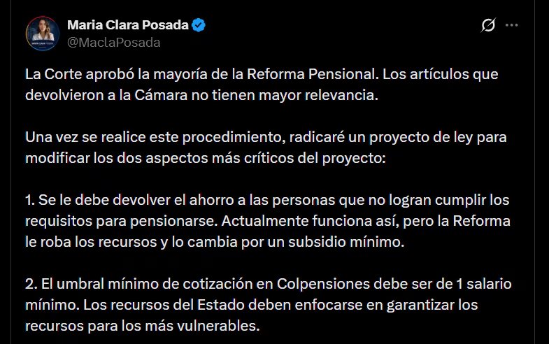 María Clara Posada anunció que presentará un proyecto de ley para “modificar los dos aspectos más críticos del proyecto”, según sus declaraciones - crédito @MaclaPosada/X