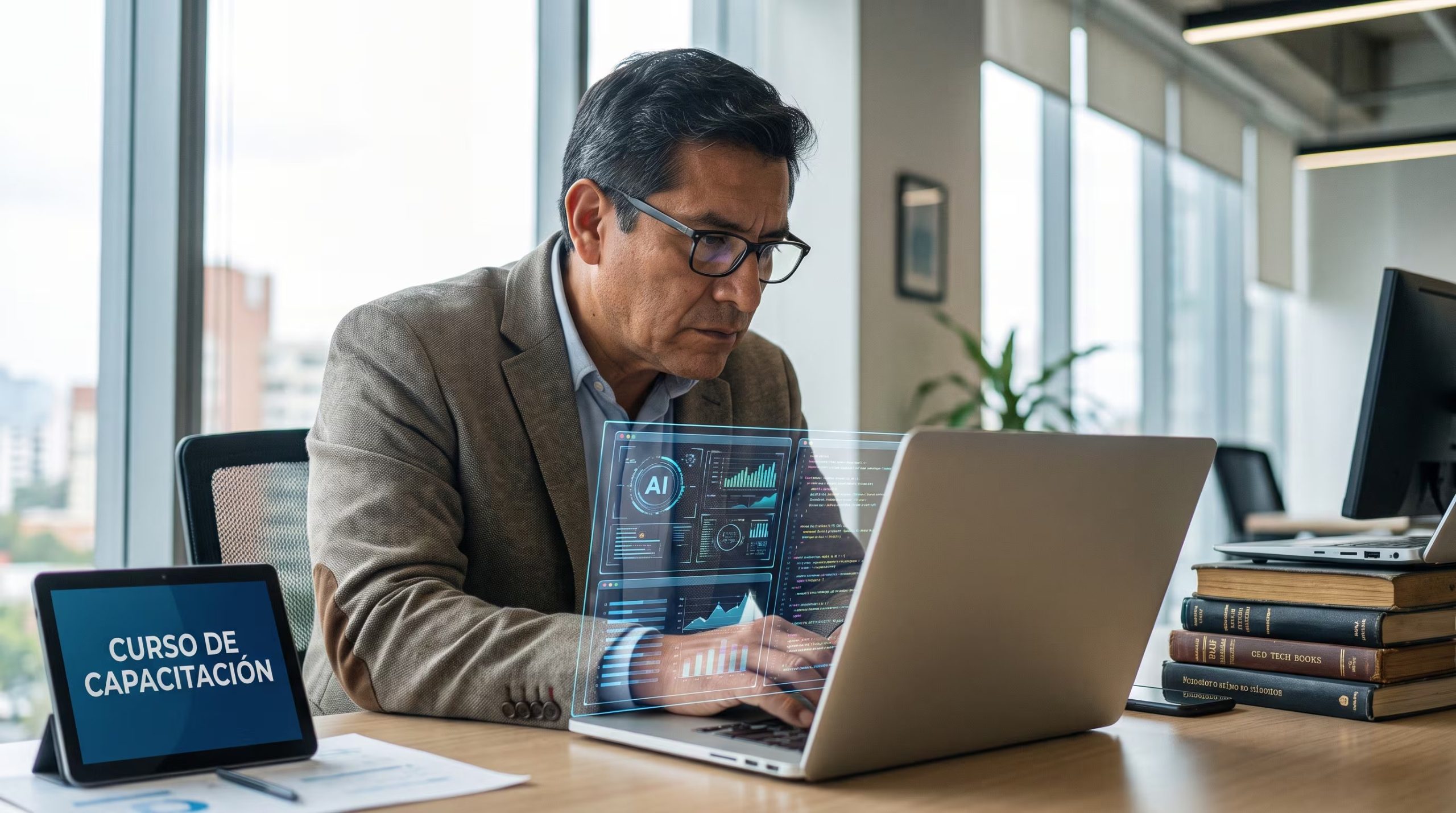 Un hombre utiliza un portátil con interfaz de inteligencia artificial proyectada y tiene una tableta con un curso de capacitación, lo que ilustra la necesidad de desarrollo de habilidades en el mercado laboral de Lima. (Imagen ilustrativa Infobae)