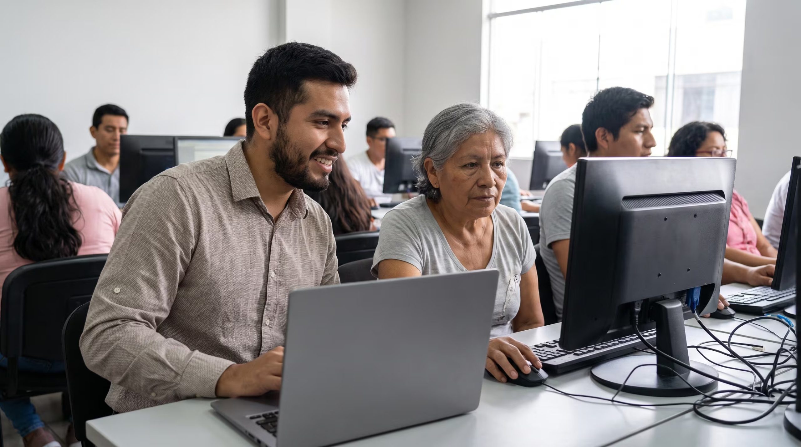 Un hombre joven asiste a una mujer mayor en el uso de un ordenador portátil en un aula de informática, mientras otros adultos participan en una capacitación en Lima. (Imagen ilustrativa Infobae)