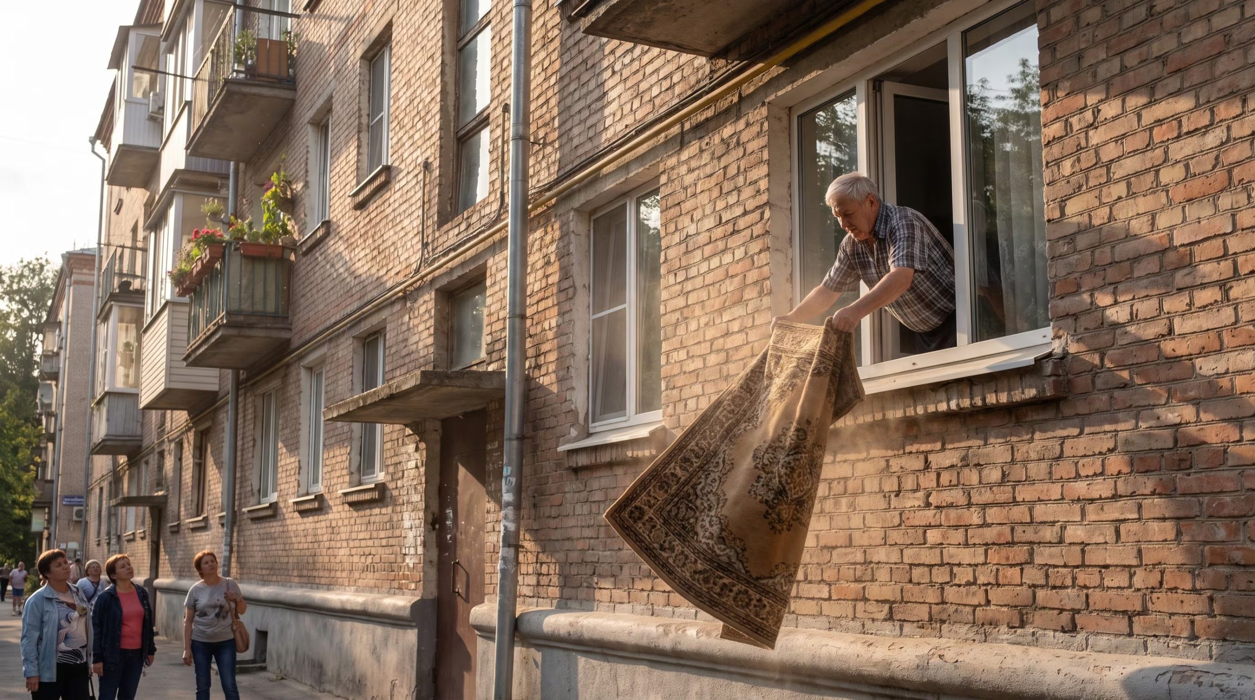 Un hombre sacude una alfombra estampada desde la ventana abierta de un edificio de ladrillo mientras varias mujeres lo observan desde la acera. (Imagen Ilustrativa Infobae)