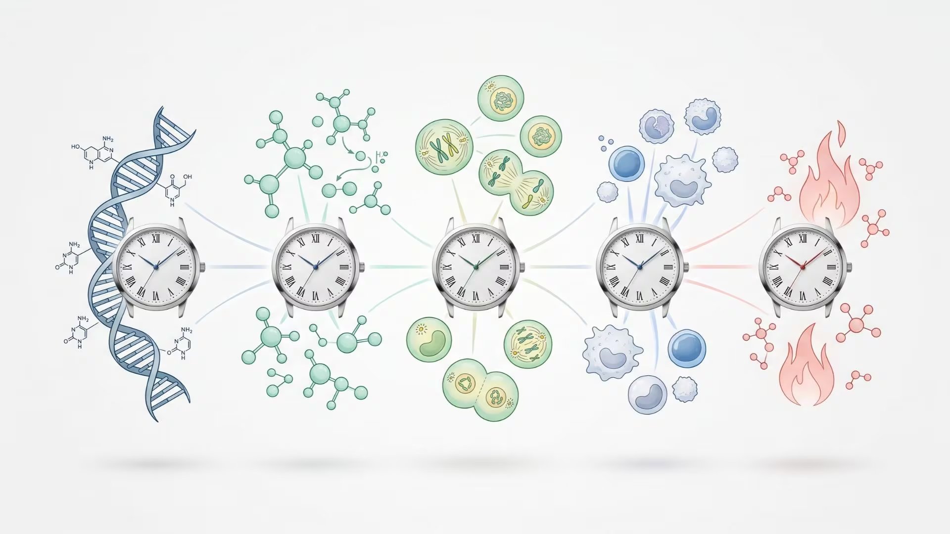 Los cinco relojes epigenéticos de uso extendido se asociaron con rutas biológicas diferentes, como el metabolismo, el crecimiento celular y la respuesta inflamatoria (Imagen Ilustrativa Infobae)