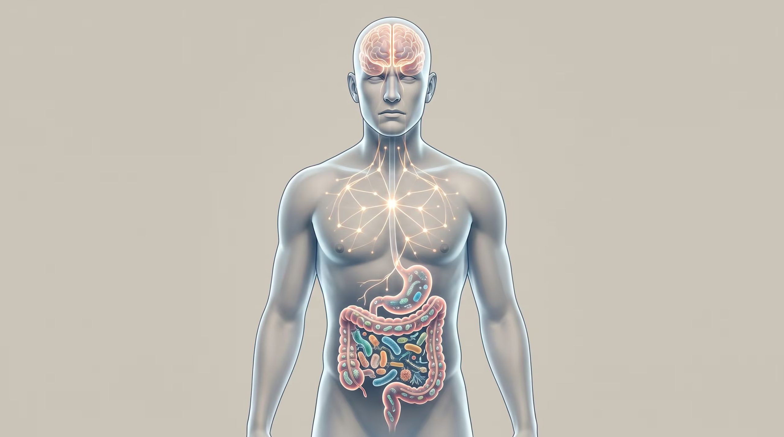 Una ilustración científica muestra el eje intestino-cerebro en un cuerpo humano translúcido, con la microbiota intestinal y la respuesta hormonal al cortisol en una situación de estrés. (Imagen Ilustrativa Infobae)